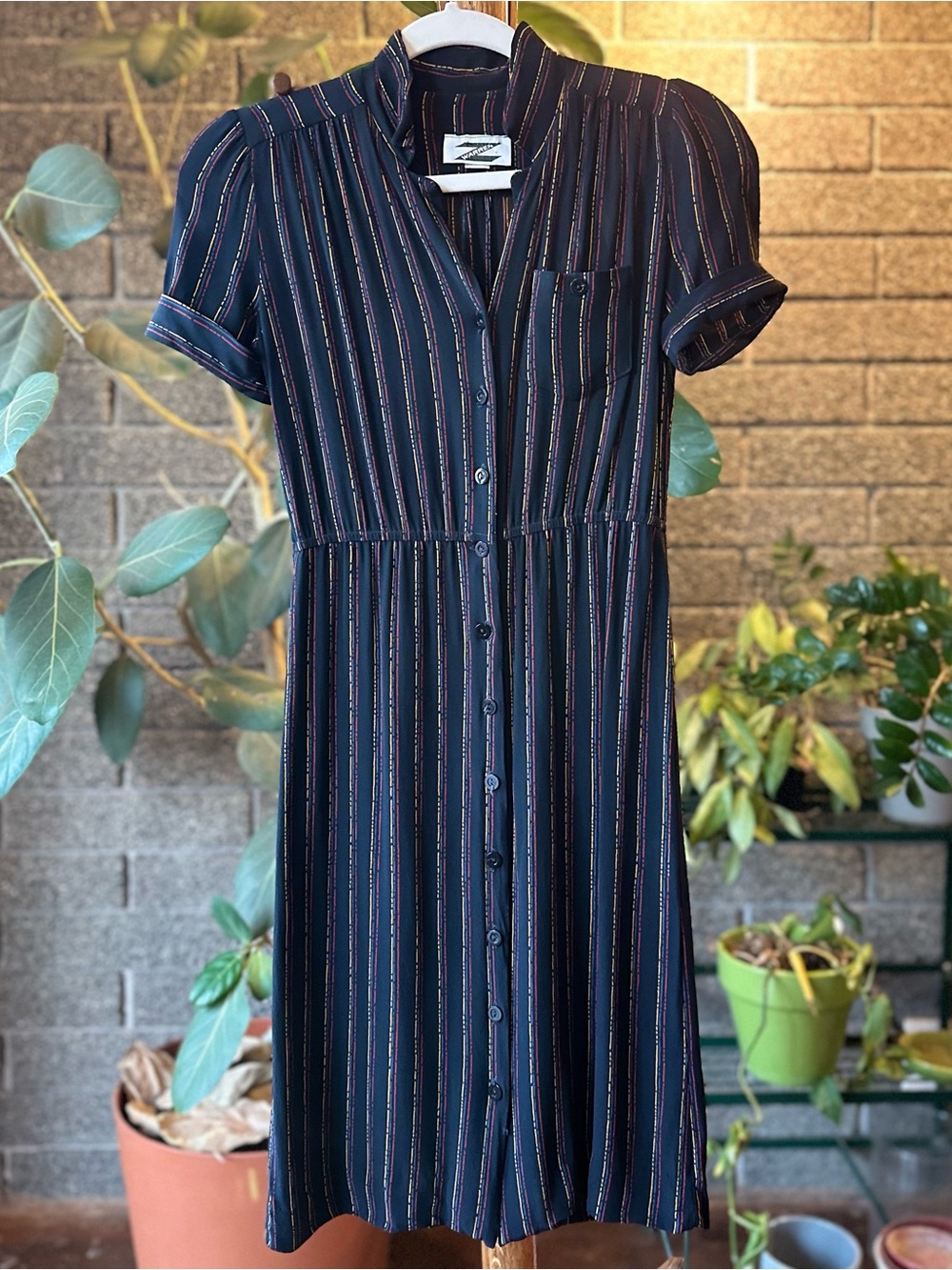 1980s Vintage Warren Z Black Striped Short Sleeve Dress